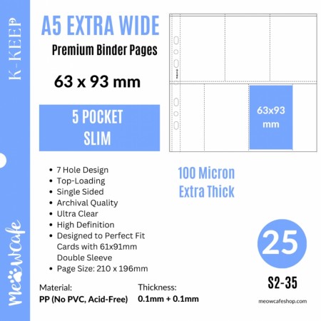 MeowCafe K-KEEP A5 Extra Wide 5-Pocket Binder Pages – 63×93mm (25 Pack)