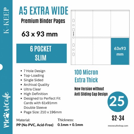 MeowCafe K-KEEP A5 Extra Wide 6-Pocket Binder Pages – 63×93mm (25 Pack)